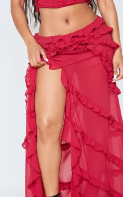 Shape Red Low Rise Frill Detail Front Split Maxi Skirt