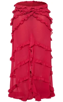 Shape Red Low Rise Frill Detail Front Split Maxi Skirt