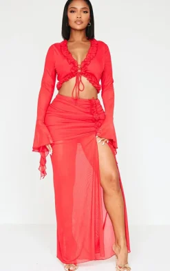 Shape Red Low Rise Frill Detail Side Split Maxi Skirt