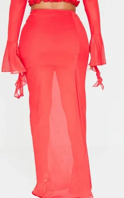 Shape Red Low Rise Frill Detail Side Split Maxi Skirt