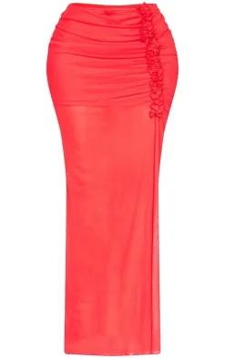 Shape Red Low Rise Frill Detail Side Split Maxi Skirt