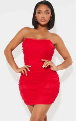 Shape Red Mesh Corset Detail Ruched Bodycon Dress