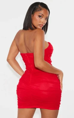 Shape Red Mesh Corset Detail Ruched Bodycon Dress