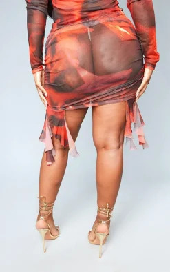 Shape Red Mesh Floral Print Ruched Mini Skirt