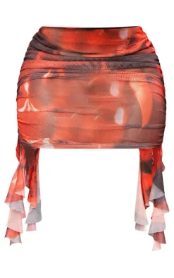 Shape Red Mesh Floral Print Ruched Mini Skirt