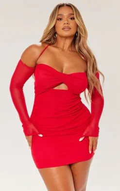 Shape Red Mesh Twist Cut Out Ruched Bodycon Dress