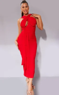 Shape Red Mesh Wrap Neck Tie Detail Midaxi Dress