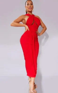 Shape Red Mesh Wrap Neck Tie Detail Midaxi Dress
