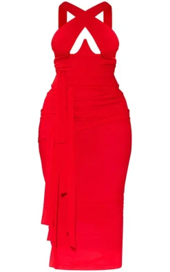 Shape Red Mesh Wrap Neck Tie Detail Midaxi Dress