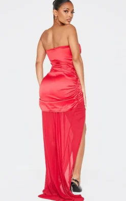 Shape Red Satin Corseted Mesh Insert Side Split Maxi Dress