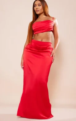 Shape Red Satin Drape Detail Maxi Skirt