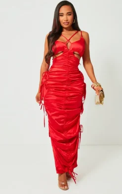 Shape Red Satin Ruched Strappy Detail Maxi Dress