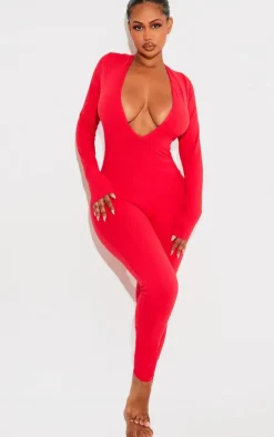 Shape Red Sculpted Long Sleeve Plunge Front Jumpsuit