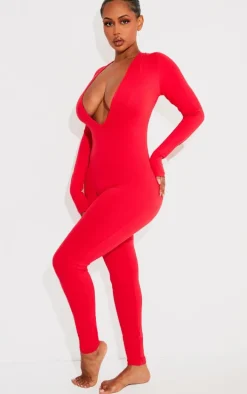 Shape Red Sculpted Long Sleeve Plunge Front Jumpsuit