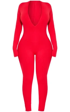 Shape Red Sculpted Long Sleeve Plunge Front Jumpsuit