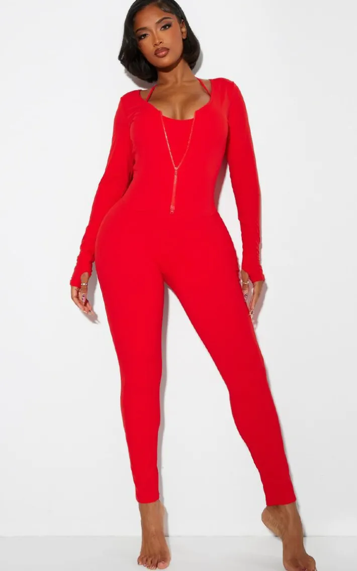 Shape Red Sculpted Zip Long Sleeve Through Top