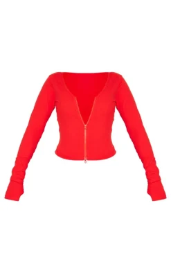 Shape Red Sculpted Zip Long Sleeve Through Top