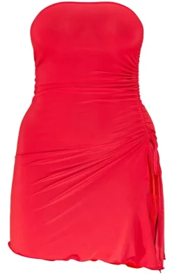 Shape Red Slinky Bandeau Ruched Side Frill Hem Bodycon Dress