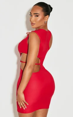 Shape Red Slinky Cut Out Strap Detail Bodycon Dress