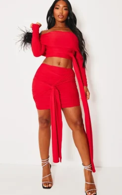 Shape Red Slinky Ruched Knot Side Mini Skirt
