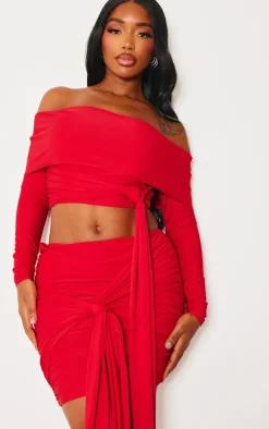 Shape Red Slinky Ruched Knot Side Mini Skirt