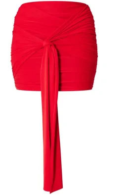 Shape Red Slinky Ruched Knot Side Mini Skirt