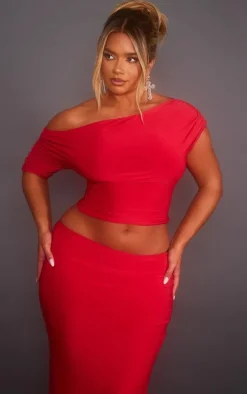 Shape Red Slinky Ruched Side Longline Top