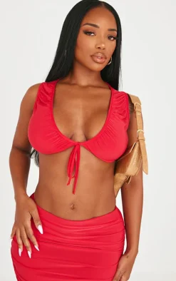 Shape Red Slinky Sleeveless Tie Front Top