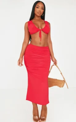 Shape Red Slinky Sleeveless Tie Front Top