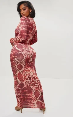 Shape Red Slinky Snake Print Long Sleeve Maxi Dress