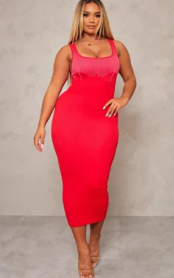 Shape Red Snatched Rib Contrast Midi Dress
