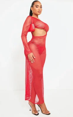 Shape Red Textured Sheer Cut Out One Shoulder Maxi Dress
