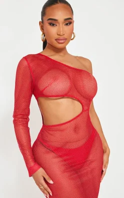 Shape Red Textured Sheer Cut Out One Shoulder Maxi Dress