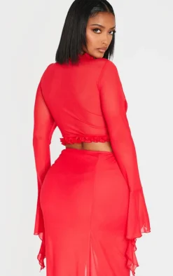 Shape Red Tie Front Frill Edge Flare Sleeve Top