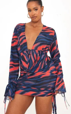 Shape Red Tiger Printed Woven Extreme Plunge Mini Dress