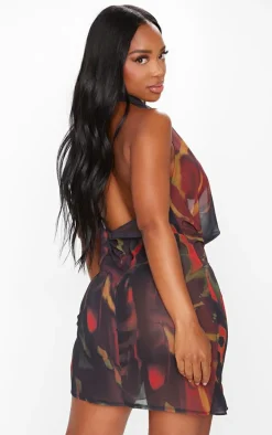 Shape Red Tropical Printed Cowl Neck Frill Detail Bodycon Dress