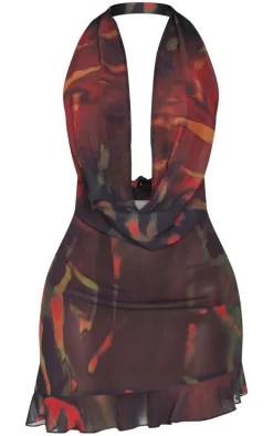 Shape Red Tropical Printed Cowl Neck Frill Detail Bodycon Dress