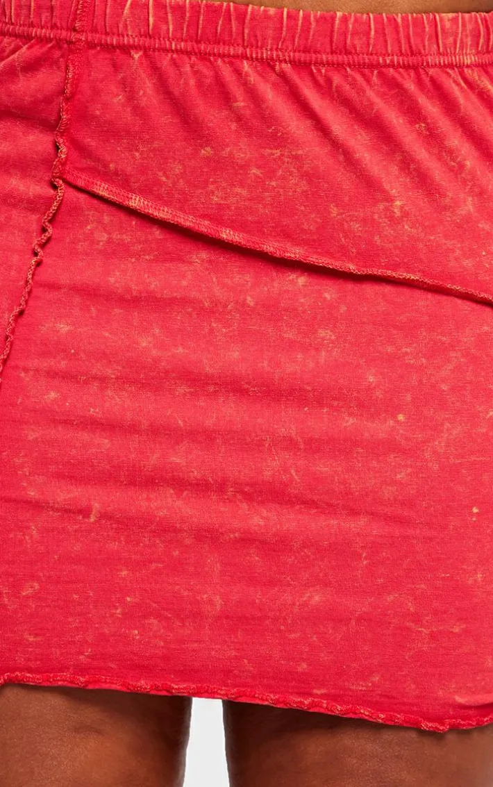 Shape Red Washed Cotton Seam Lettuce Hem Skirt