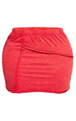 Shape Red Washed Cotton Seam Lettuce Hem Skirt