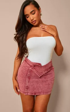 Shape Red Washed Denim Foldover Waist Mini Skirt