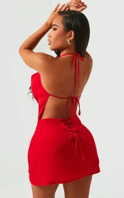 Shape Red Woven Cowl Neck Lace Back Mini Dress