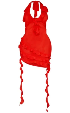 Shape Red Woven Halterneck Frill Detail Mini Dress