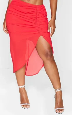 Shape Red Woven Ruched Midi Skirt
