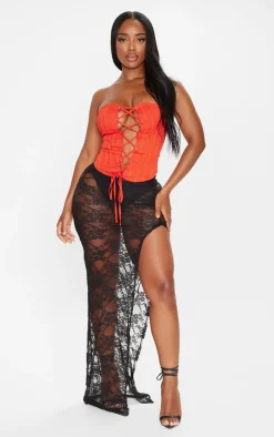 Shape Red Woven Seam Detail Bandeau Lace Up Corset