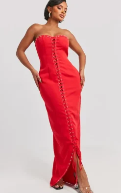 Shape Red Woven Stud Detail Bandeau Maxi Dress