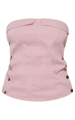 Shape Rose Denim Look Button Up Bandeau Crop Top