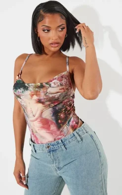 Shape Rose Femme Renaissance Print Slinky Cowl Neck Bodysuit