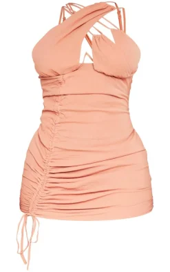 Shape Rust Woven Cup Detail Ruched Side Bodycon Dress