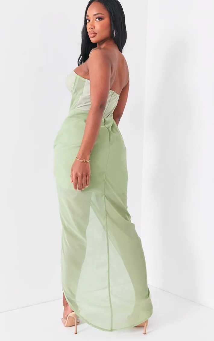 Shape Sage Green Corset Detail Sleeveless Ruched Midi Dress
