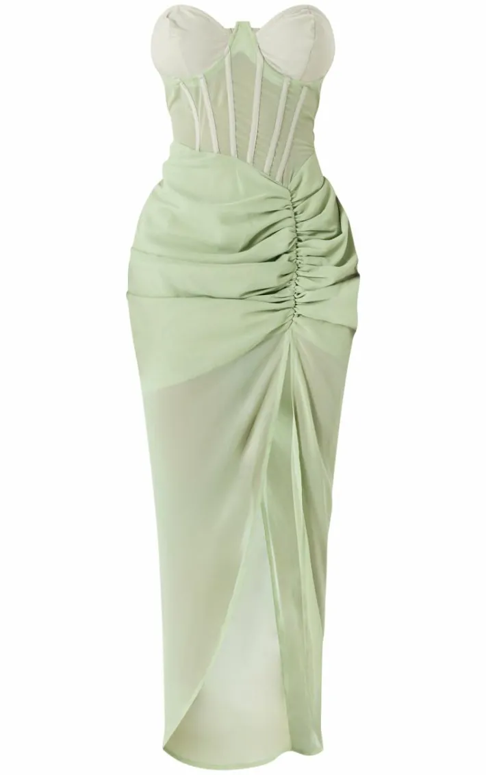 Shape Sage Green Corset Detail Sleeveless Ruched Midi Dress